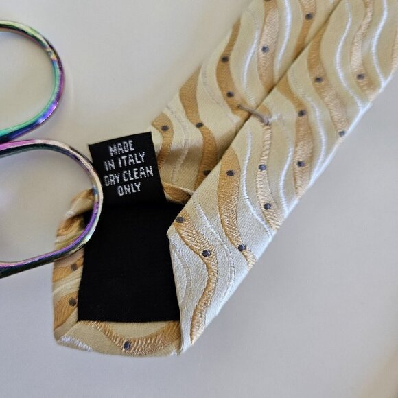 Sazzari Tie Gold White Waves Embroidery Grey Dots 100% SIlk L 56.5 in W 3.75 in - Picture 6 of 13